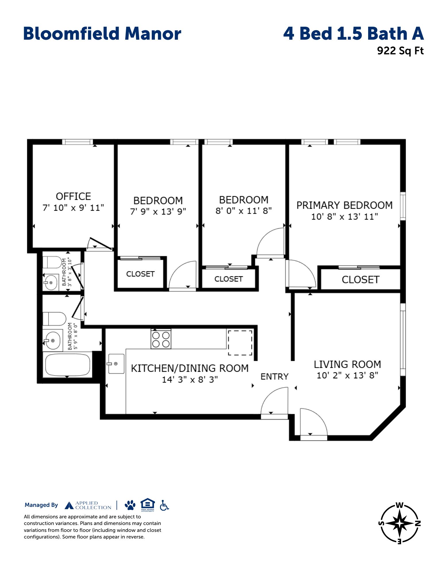 Floor plan for 4 beds, 1.5 baths, 922 sqft